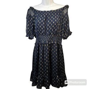 Lulus Touch of Glam Navy Dotted Off-the-Shoulder Mini Dress  L
